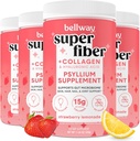Poudre Super Fibre de Bellway + Collagène (4 packs), Poudre sans sucre de Psyllium avec Peptides de Collagène pour la santé de Gut, peau saine, ongles, os et articulations, citronade de fraise (45,84 oz)