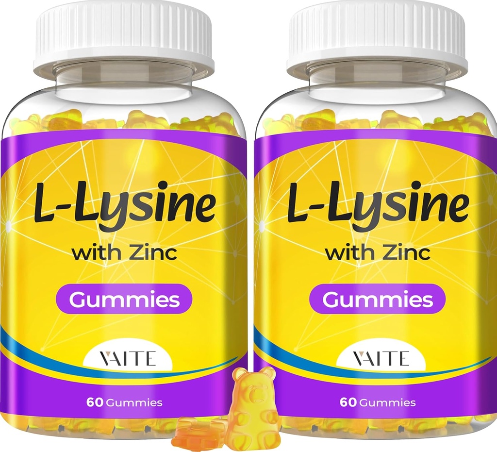 L Gommies Lysine 1000mg avec Zinc - Supporte la peau, lèvre, végétalien, sans gluten, 60 L-Lysine à croquer pour adultes, Vitamines tissu santé et système immunitaire, Amino Acid et suppléments complexes, non-OGM(2Pack)