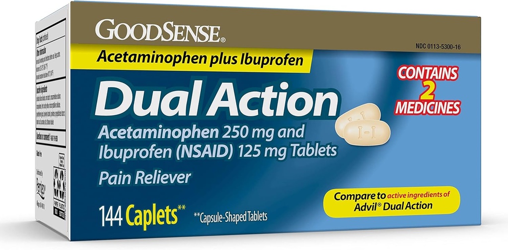 Acétaminophène à double action GoodSense 250 mg et Ibuprofène (NSAID) 125 mg Comprimés, soulagement de la douleur pour les maux de tête, soulagement de la douleur de l'arthrite et plus, 144 Compte