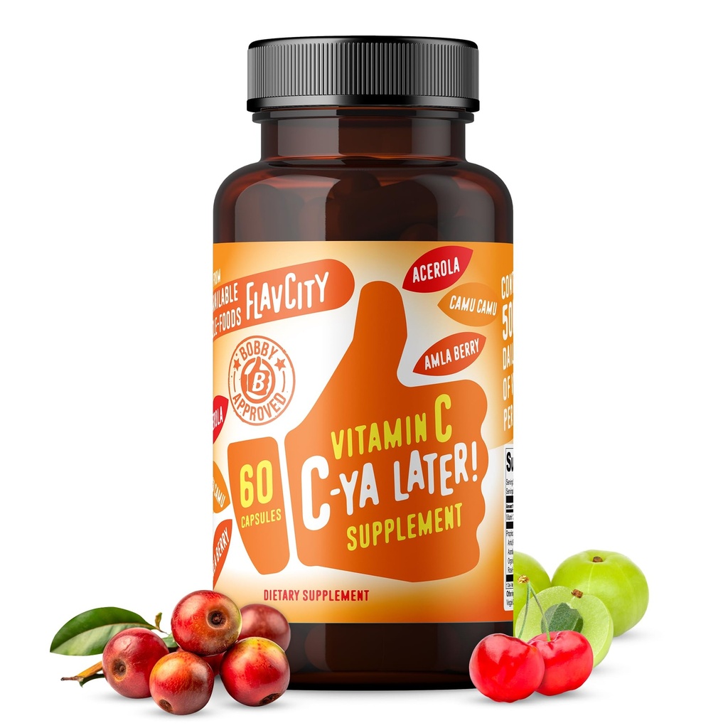 Supplément de vitamine C de FlavCity, C-Ya plus tard! Superfood-Derved Immunity Support - Biodisponible Vitamine C Immmune Support de Acerola Cherry, Rose Hips & Camu Camu - 500% Valeur quotidienne (60 Capsules)