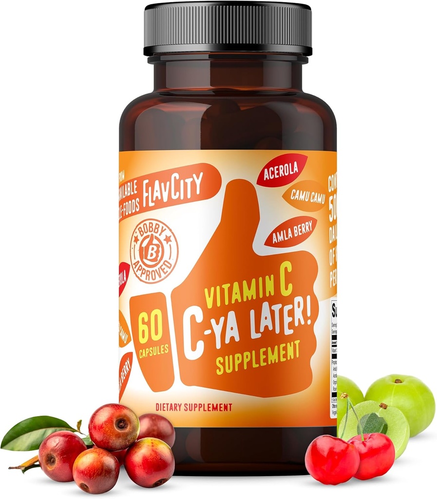 Supplément de vitamine C, C-Ya plus tard! Support d'immunité pour les produits alimentaires dérivés - Biodisponible Vitamine C Immune Support de Acerola Cherry, Rose HIPS & Camu Camu - 500% Valeur quotidienne (60 capsules)