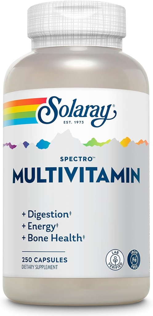 SOLARAY Spectro Multivitamine sans fer - Multivitamine avec/Calcium, Magnésium, Verts énergisants, Enzymes digestifs - Digestion, Énergie cellulaire, Santé des os, Soutien immunitaire, 41 portions, 250 capsules
