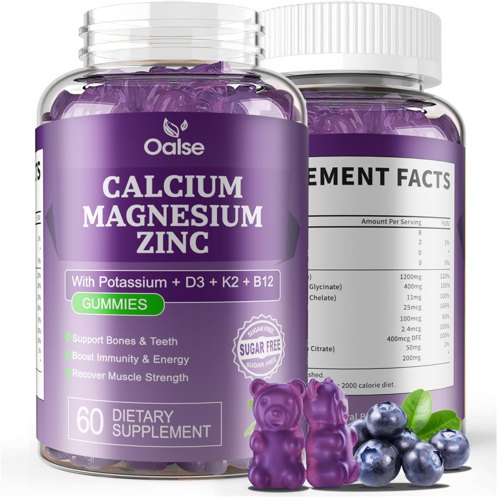 Gommies de zinc de magnésium de calcium avec vitamine D3 et K2-haute absorption Magnésium Glycinate-Muscles, Immune et soutien du sommeil-Sucre libre- Blueberry Aromatisé (1 paquet)