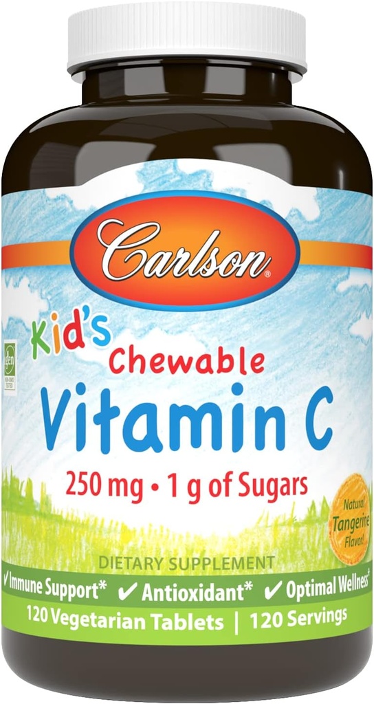 Carlson - Kid's Chewable Vitamine C, 250 mg, 1 g de sucres, le soutien immunitaire et le bien-être optimal, antioxydant, Tangerine, 120 comprimés végétariens
