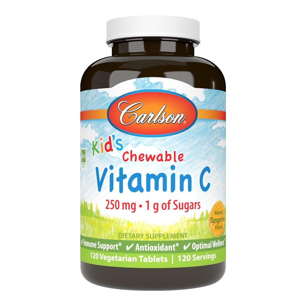 Carlson - Kid's Chewable Vitamine C, 250 mg, 1 g de sucres, le soutien immunitaire et le bien-être optimal, antioxydant, Tangerine, 120 comprimés végétariens