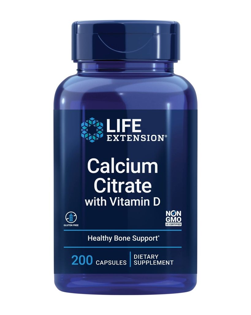 Durée de vie Citrate de calcium avec vitamine D, Calcium super-absorbable pour soutenir la santé osseuse optimale, sans gluten, sans OGM, 200 capsules