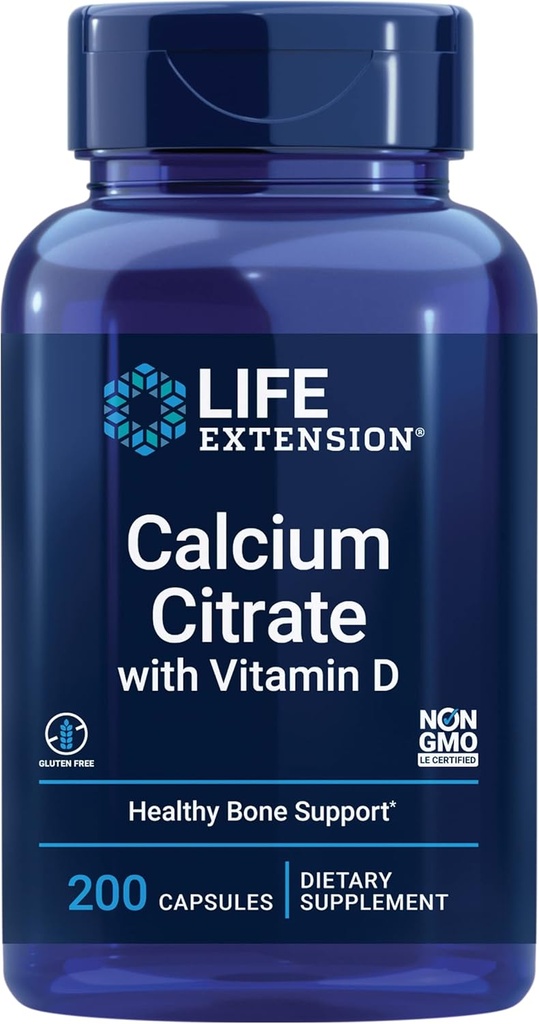 Durée de vie Citrate de calcium avec vitamine D, Calcium super-absorbable pour soutenir la santé osseuse optimale, sans gluten, sans OGM, 200 capsules