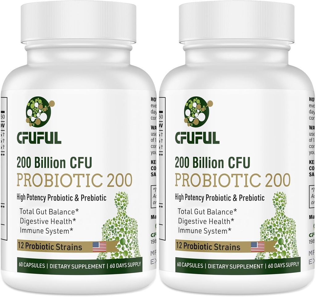 Probiotiques pour les femmes et les hommes - 200 milliards CFU 12 souches Probiotique pour la santé des immunes digestives et des intestins, avec plateau biologique prébiotique Stable Probiotique Supplément pour ballonner 120 capsules