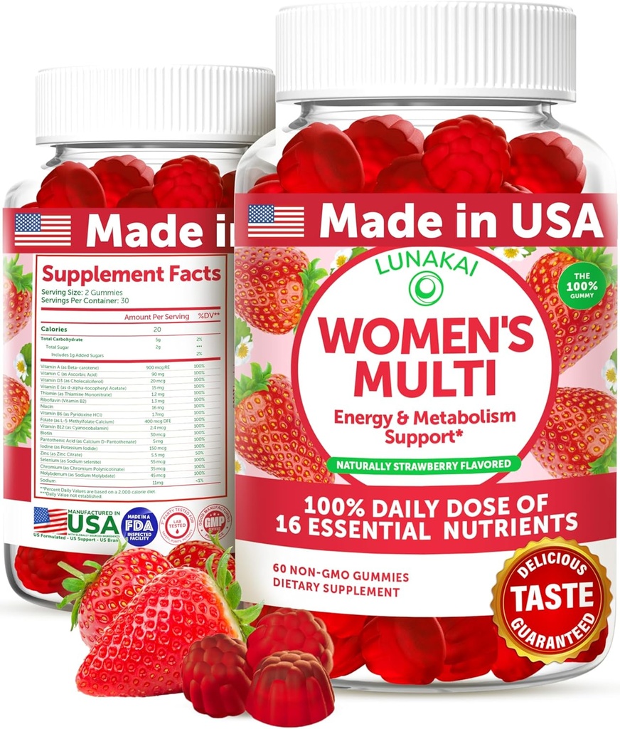 Lunakai USA Gommies multivitamines faites de femmes - Dose quotidienne délicieuse avec 16 vitamines multiples pour les femmes - Soutien énergétique et immunitaire, non-OGM, 60 Ct