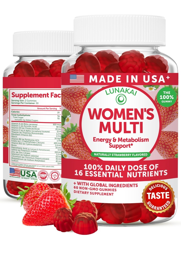 Lunakai USA Gommies multivitamines faites de femmes - Dose quotidienne délicieuse avec 16 vitamines multiples pour les femmes - Soutien énergétique et immunitaire, non-OGM, 60 Ct
