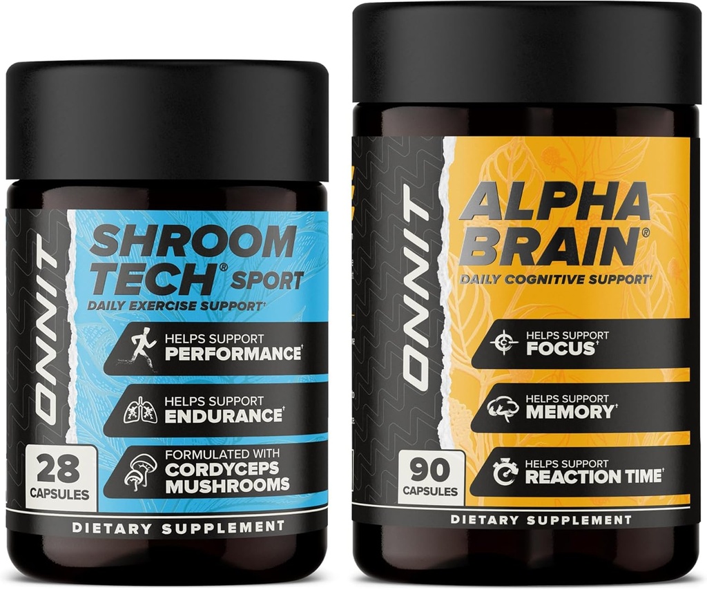 ONNIT Premium Alpha Brain Bundle - Supplément Cerveau Nootropique (90 comte) pour Focus, Concentration et Mémoire + Shroom Tech Sport pour l'exercice, l'énergie et la performance cardiovasculaire (28 comte)