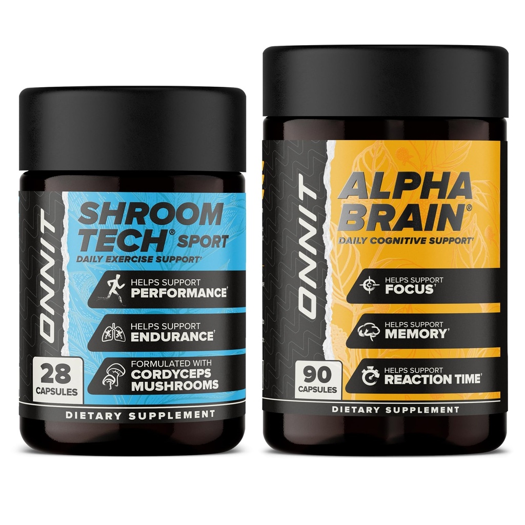 ONNIT Premium Alpha Brain Bundle - Supplément Cerveau Nootropique (90 comte) pour Focus, Concentration et Mémoire + Shroom Tech Sport pour l'exercice, l'énergie et la performance cardiovasculaire (28 comte)