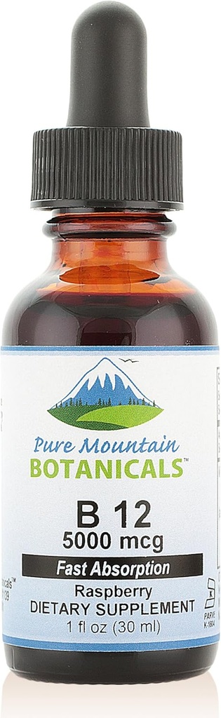 Pure Mountain Botanicals B12 Vitamin 5000 mcg – Kosher B12 Drops in 1oz Bottle with Natural Berry Flavor