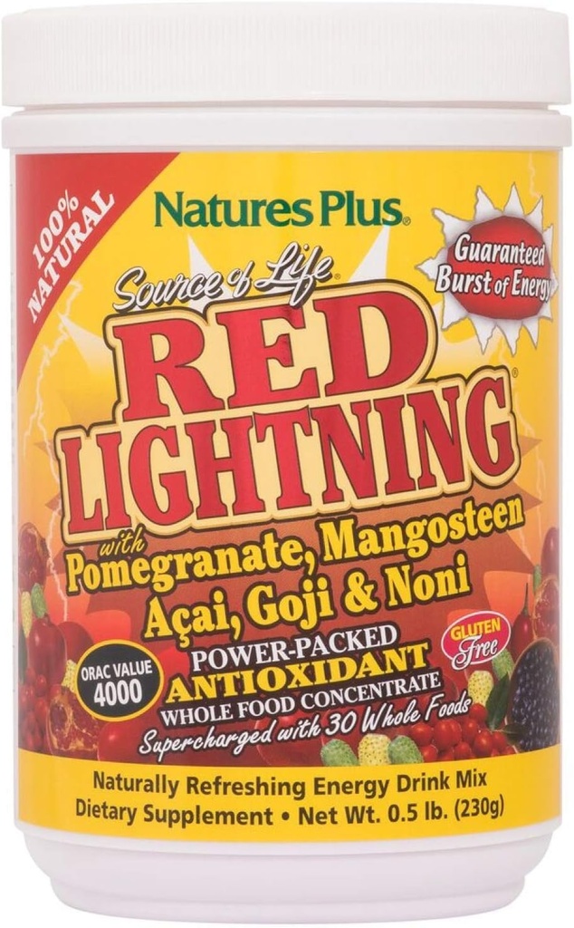 NaturesPlus Source de vie Red Lightning Energy Drink Poudre - .5 lbs - Mélange de saveur de baie - Natural Energy Boost - avec des aliments entiers, des antioxydants et des superaliments rouges - sans gluten - 38 portions