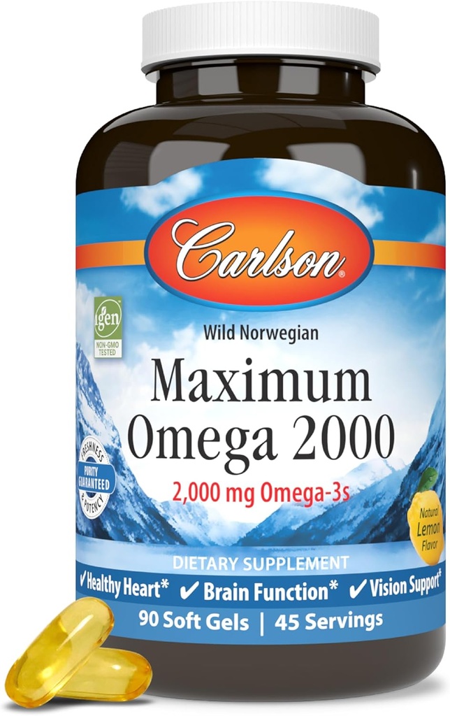 Carlson - Omega maximal 2000, 2000 mg Omega-3s, coeur en santé, fonction cérébrale et soutien de la vision, citron, 90 gels mous
