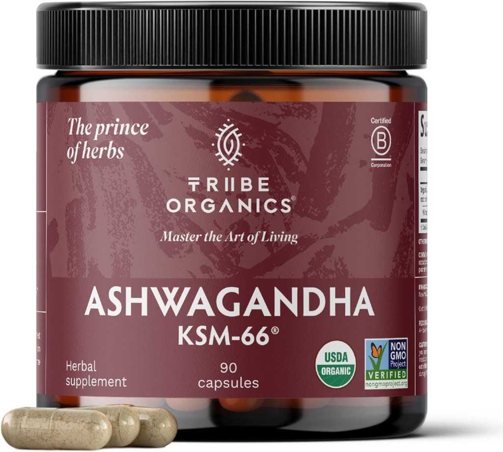 TRIBE Organics Ashwagandha KSM 66 Extrait de poudre de racine biologique pure Supplément ayurvédique - Focus Mood Support Augmenter la force énergétique 600mg de KSM66 naturel pour l'absorption supérieure - 90 Capsules