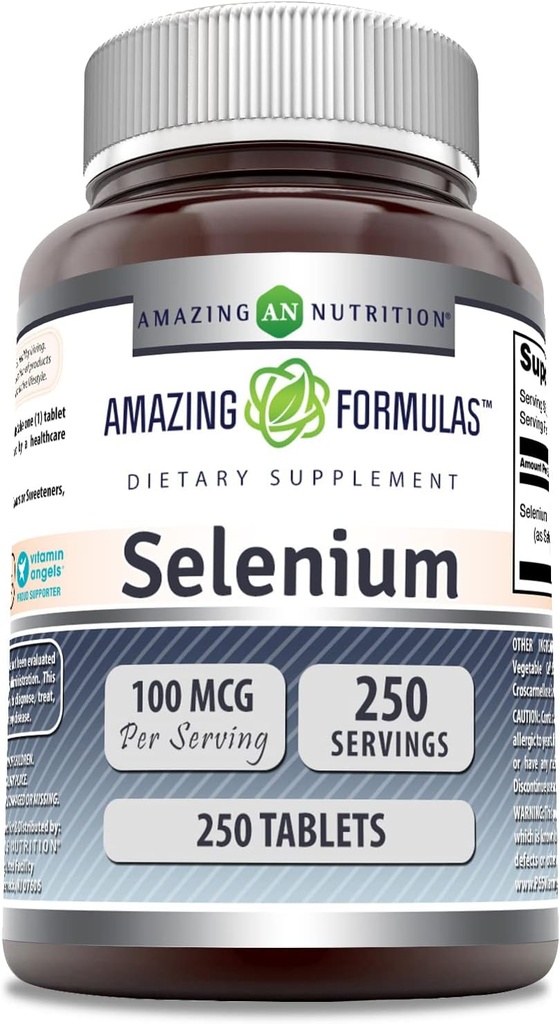 Formules étonnantes Supplément de sélénium $ 100 Mg par service $ 250 Comprimés $ Non-GMO $ Sans gluten $ Fabriqué aux États-Unis