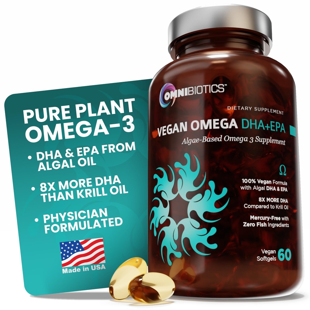 OmniBiotics Vegan Omega 3 Supplément DHA EPA – Supplément prénatal certifié par MD avec 8X Plus DHA que l'huile de krill, sans poisson, non-OGM – 60 capsules végétaliennes