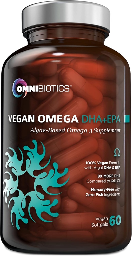 OmniBiotics Vegan Omega 3 Supplément DHA EPA – Supplément prénatal certifié par MD avec 8X Plus DHA que l'huile de krill, sans poisson, non-OGM – 60 capsules végétaliennes
