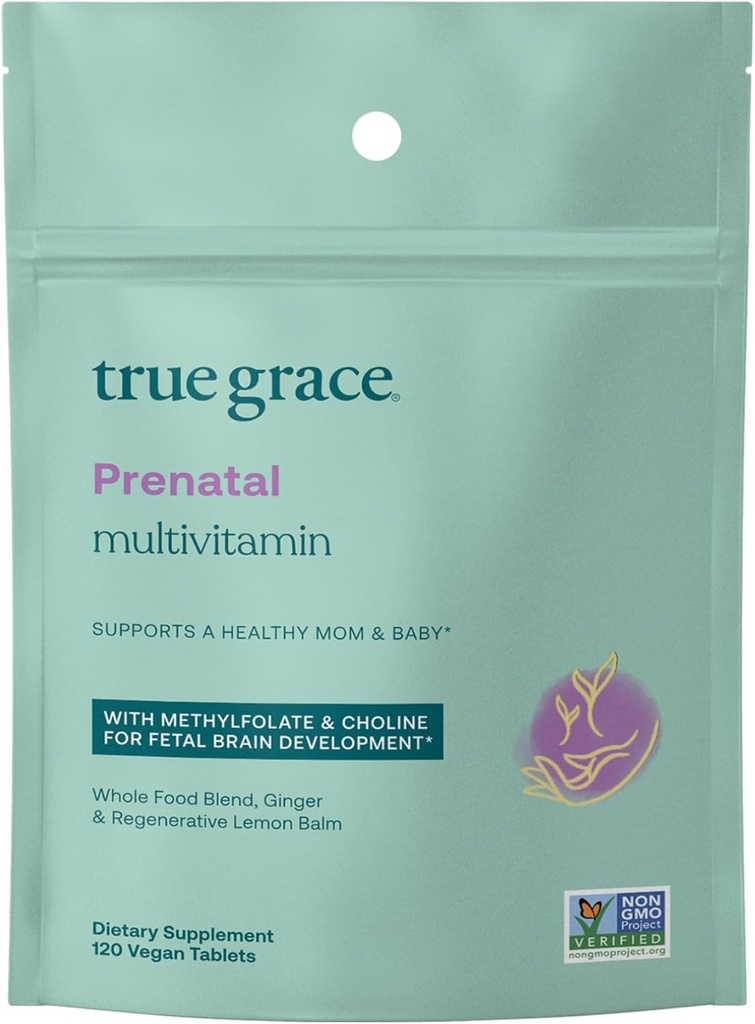 True Grace Multivitamin Recharge Pouch - 120 comprimés végétaliens - soutient une maman et un bébé en bonne santé avec du méthylfolate et du choline pour le développement du cerveau foetal - sans gluten, sans soja - 60 portions