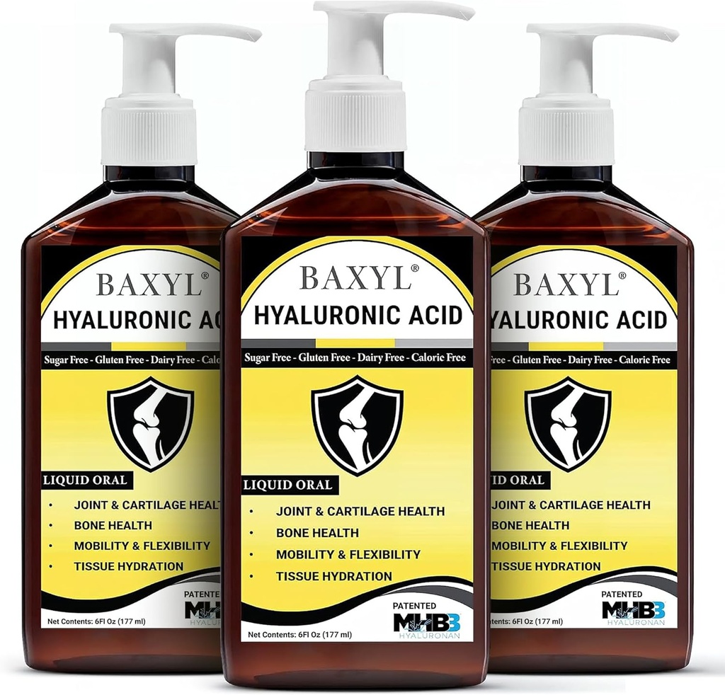 Supplément à l'acide hyaluronique liquide BAXYL - Acid citrique naturel, sorbate de potassium Ingrédients du sirop sans saveur formulé - fournir un cartilage sain et la formation d'os - 3 bouteilles de 6 fl Oz