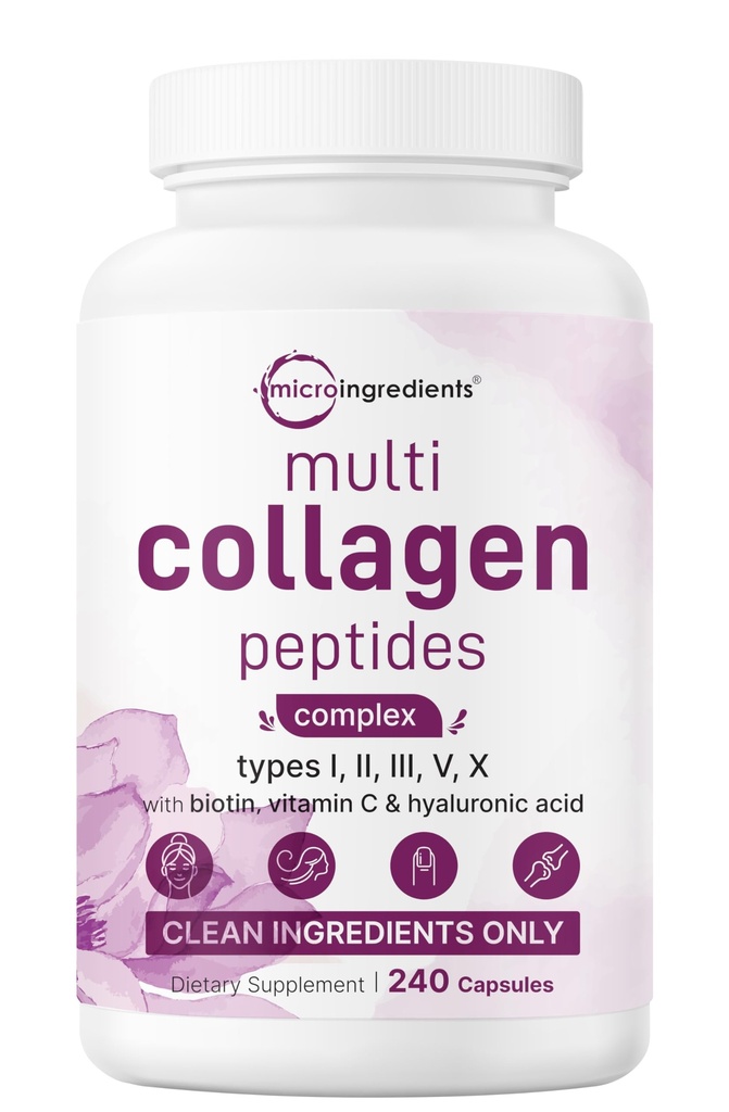 Micro-ingrédients Pilules multicollagènes pour femmes et hommes, 240 capsules de type I, II, III, V, X - Peptides hydrolysés avec biotine, acide hyaluronique et vitamine C.