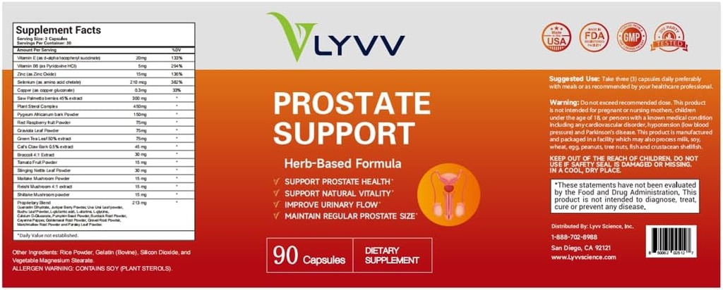 Lyvv Prostate Support avec Saw Palmetto, Plant Sterol, Zinc, Selenium, Copper et plus pour la santé de la prostate et la santé urinaire, 90 capsuels