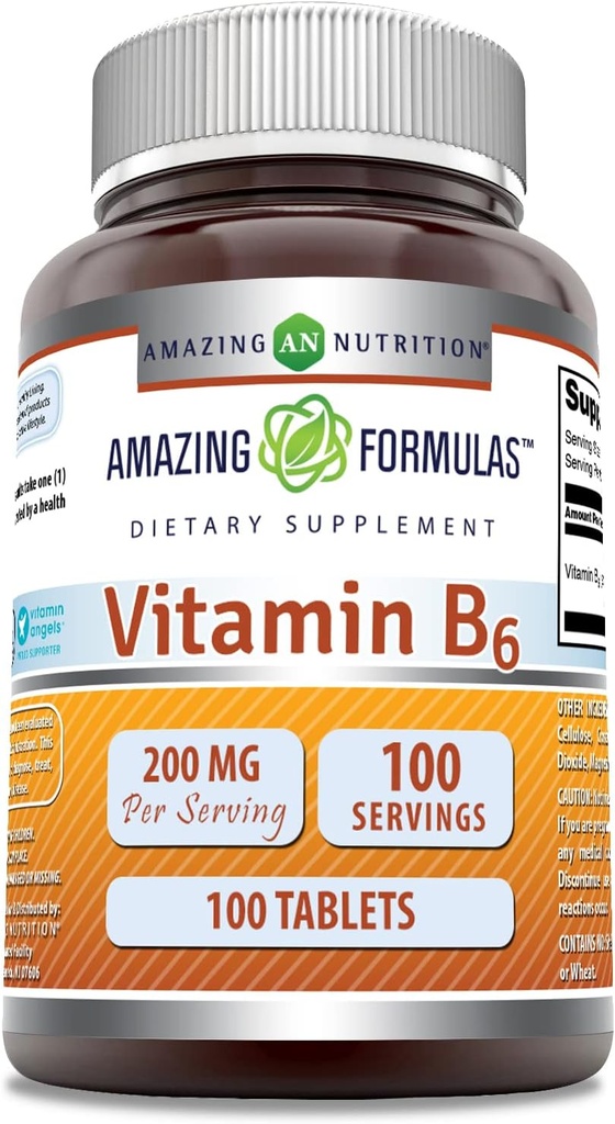 Formules étonnantes Vitamine B6 Pyridoxine 200mg 100 Comprimés Suppléments de non-OGM