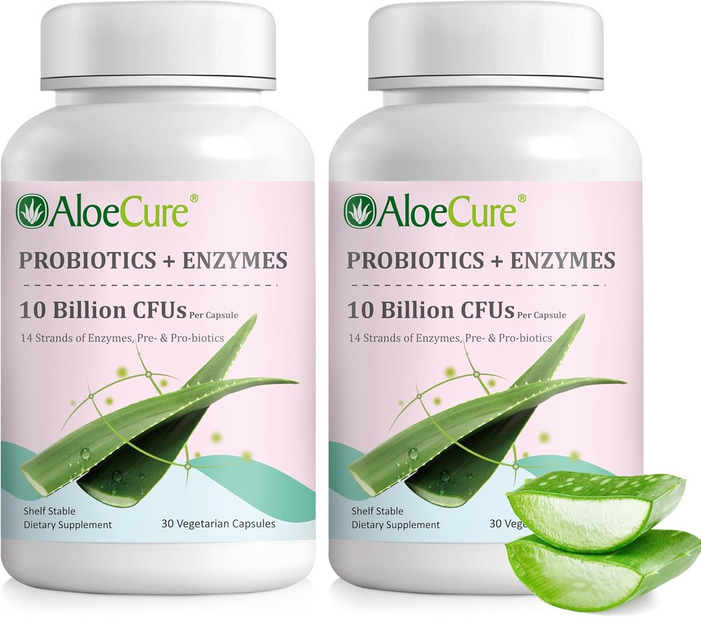 Probiotiques quotidiens AloeCure 10 milliards d'UFC pour le soutien digestif 8 souches, 6 prébiotiques et enzymes - Supplément digestif avec bromélain pour les femmes et les hommes - Gut Support, soulagement digestif, 30 capsules x 2btls