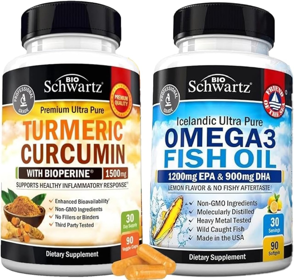 Triple force Omega 3 huile de poisson softgels (1 mois d'approvisionnement) Plus curcumine curcumine avec extrait de poivre noir 1500mg complexe (1 mois d'approvisionnement)