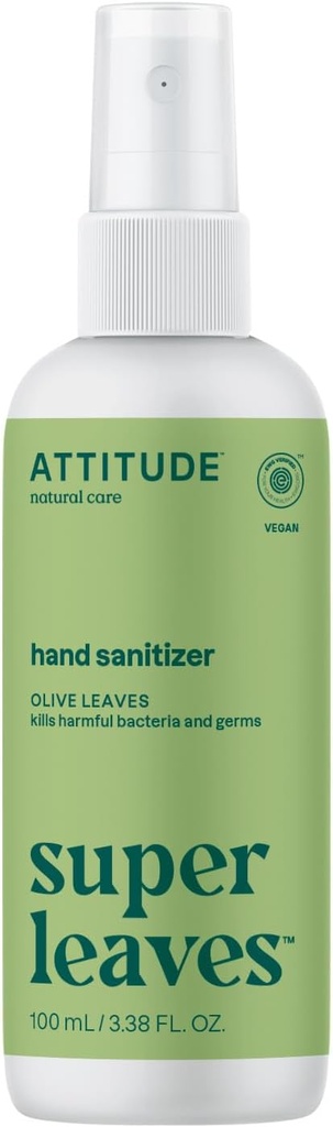 ATTITUDE Spray d'assainissement des mains, EWG vérifié, tue Germs & Bactérie, végétalien et à base de plantes, sans danger pour les adultes et les enfants, feuilles d'olive Scent, 3,38 Fl Oz (Bouteille de pulvérisation)