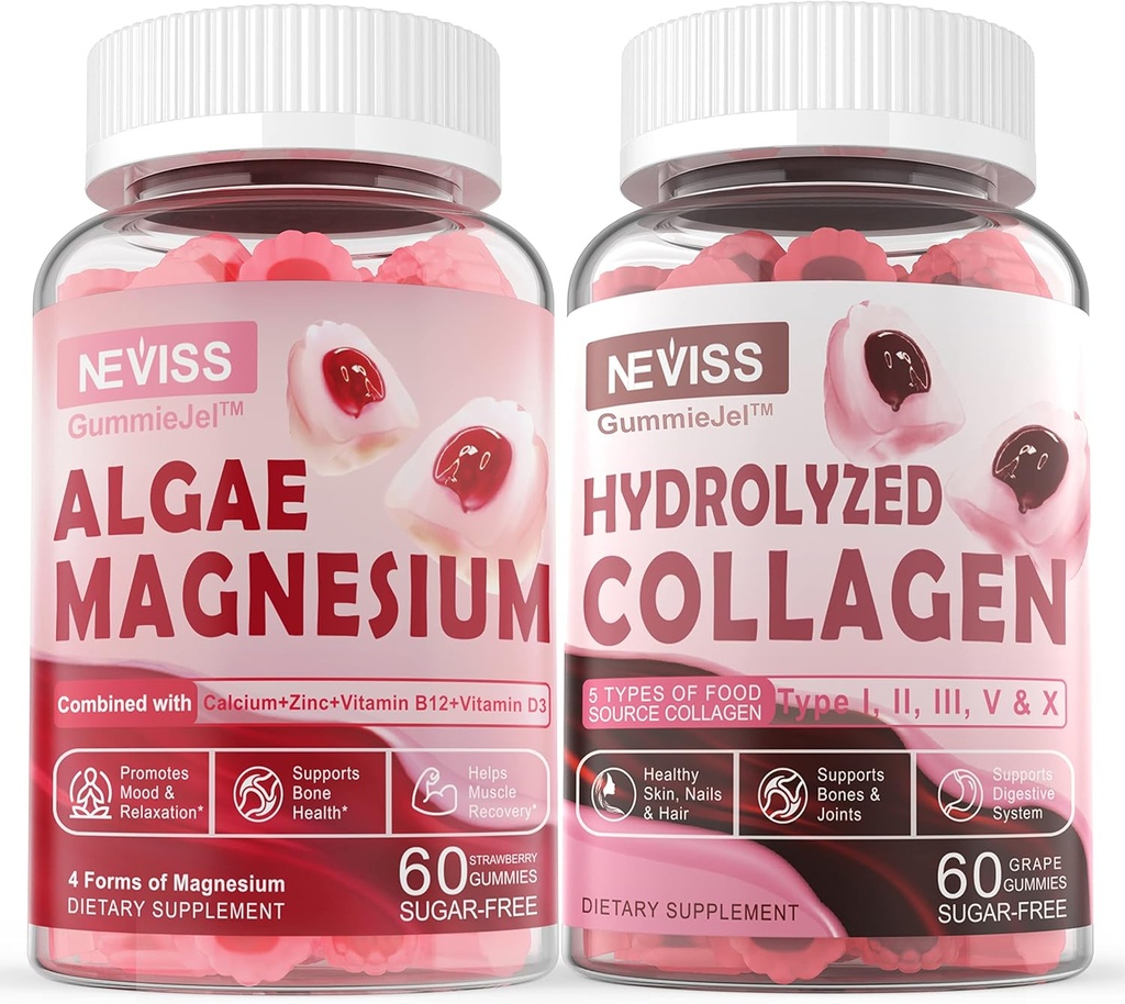Gommies de collagène hydrolysées + Gommies de magnésium de calcium pour adultes - sans sucre, soutenir les ongles de cheveux de peau sains, la santé des os et des nerfs, la fonction musculaire et l'humeur