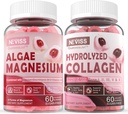 Gommies de collagène hydrolysées + Gommies de magnésium de calcium pour adultes - sans sucre, soutenir les ongles de cheveux de peau sains, la santé des os et des nerfs, la fonction musculaire et l'humeur