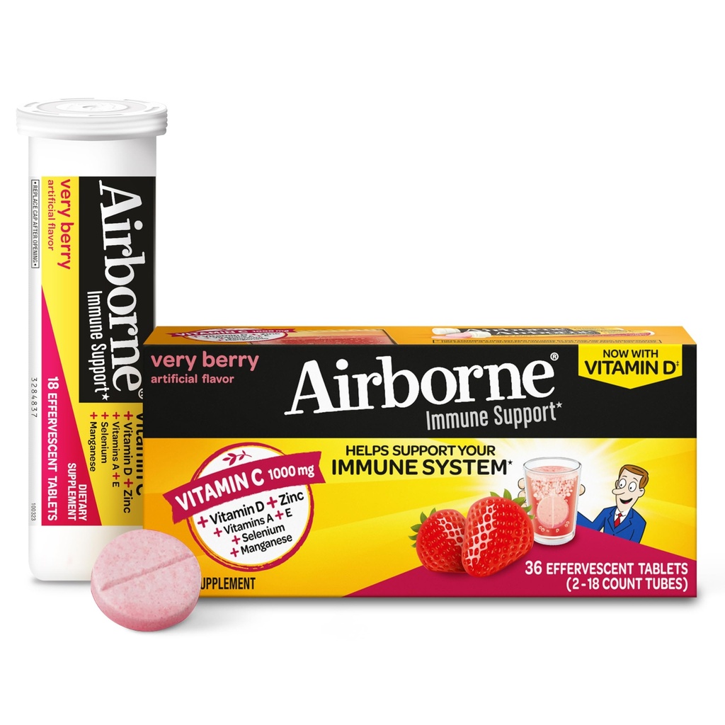 Vitamine C 1000mg (par portion) - Comprimés effervescents aérés très Berry (36 nombre dans une boîte), Supplément de soutien immunitaire sans gluten, avec des vitamines A C E, ZINC, Sélénium, Echinacea & Ginger