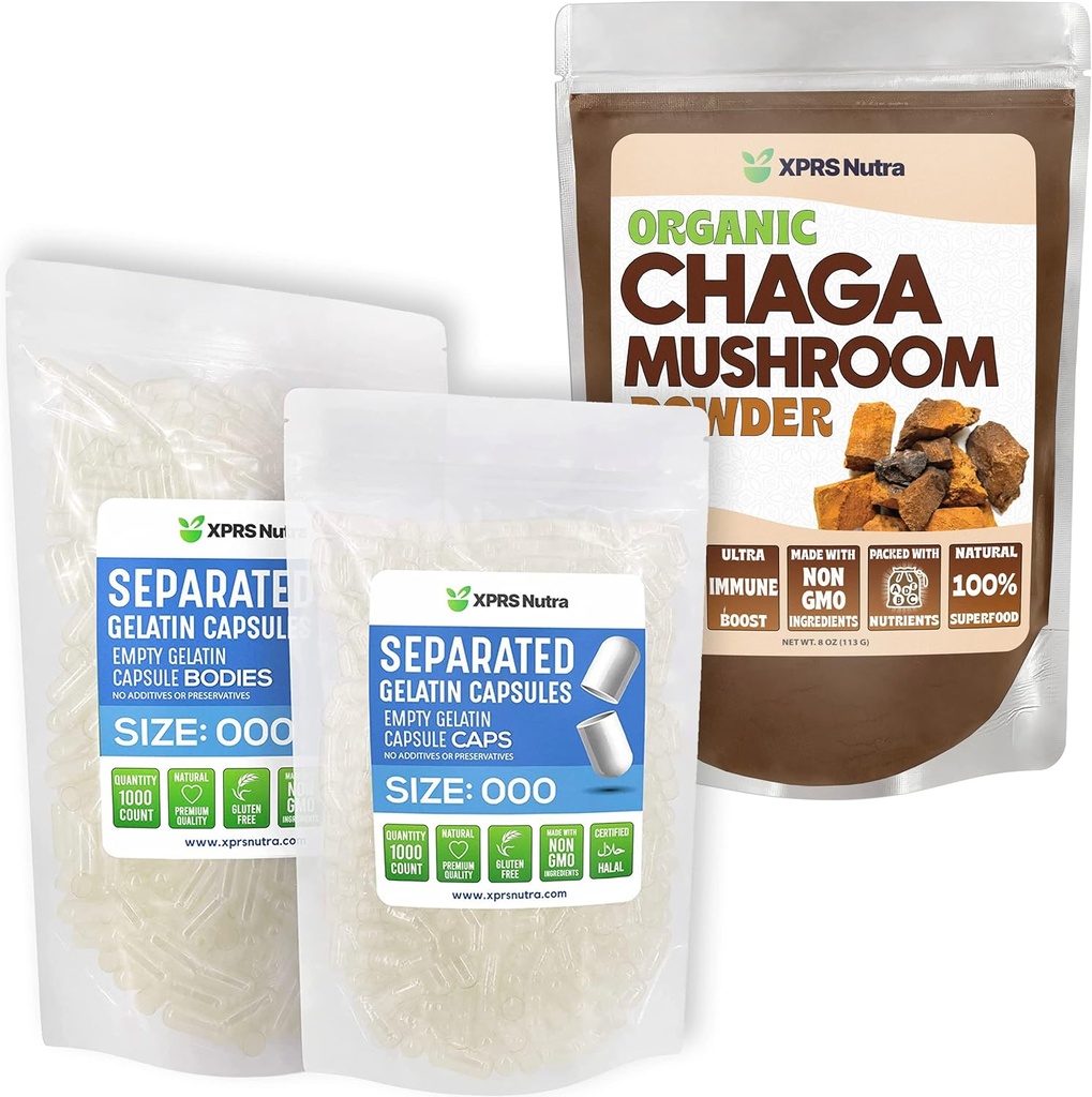 XPRS Nutra Taille séparée 000 capsules (1000 Nombre) avec la poudre de Chaga (8 once)