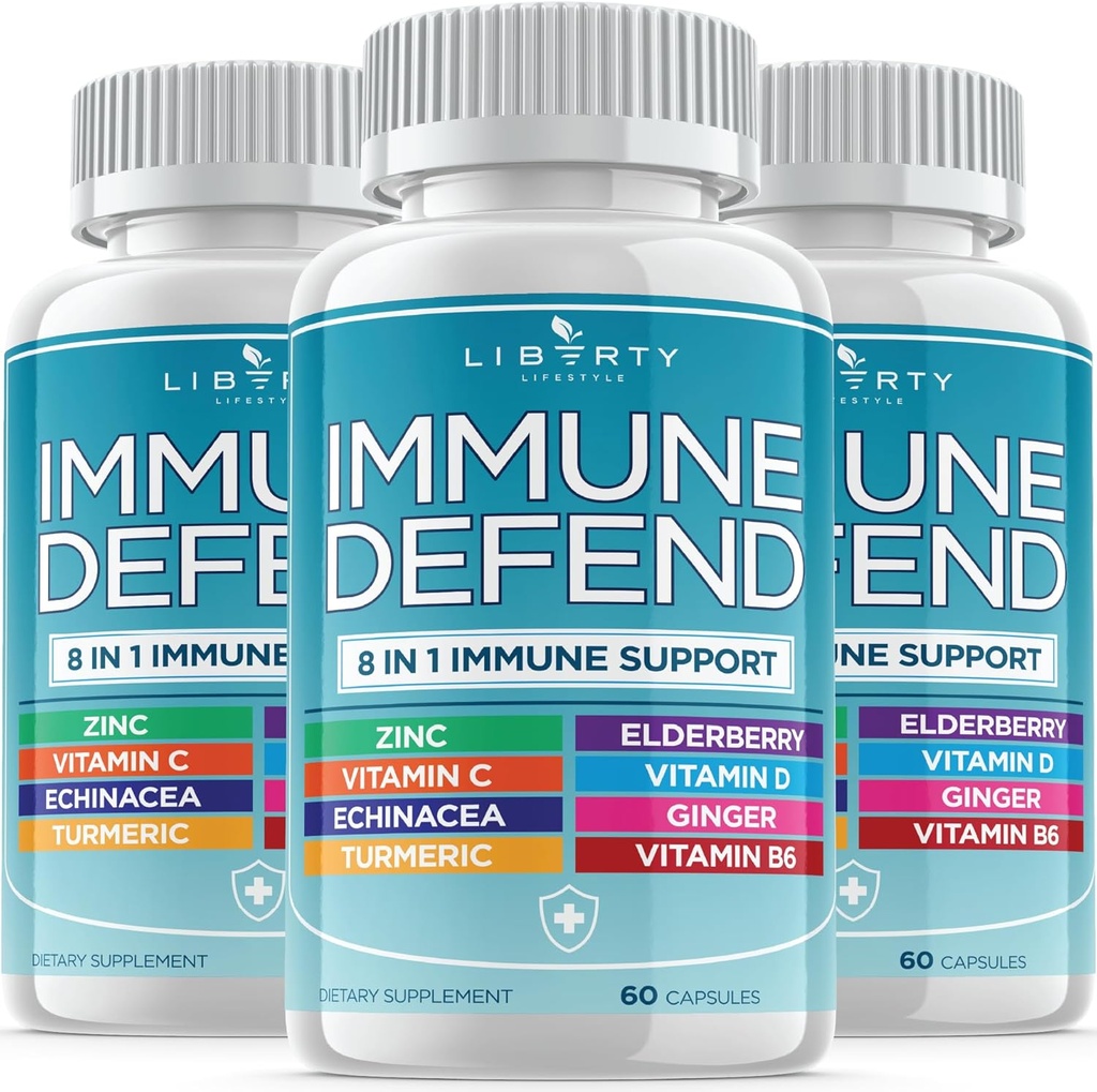 8 en 1 Immune Defense Support, Immunity Vitamines Supplément Booster avec Zinc 50mg, Vitamine C Elderberry VIT D3 5000 UI, Curcumine curcuma et gingembre, Echinacea - Allergie pour les enfants Adultes