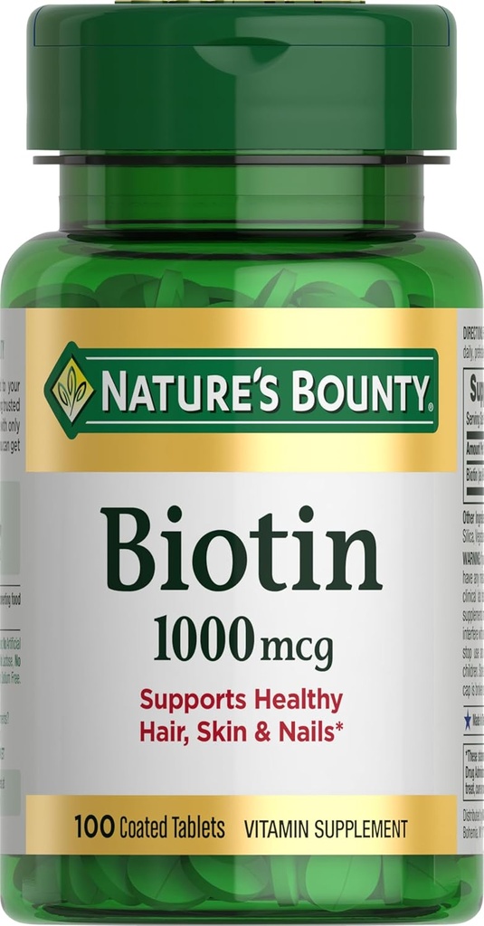 Biotine Bounty de la nature, soutient le métabolisme pour l'énergie et les cheveux sains, la peau, et les ongles, 1000 mcg, 100 comprimés