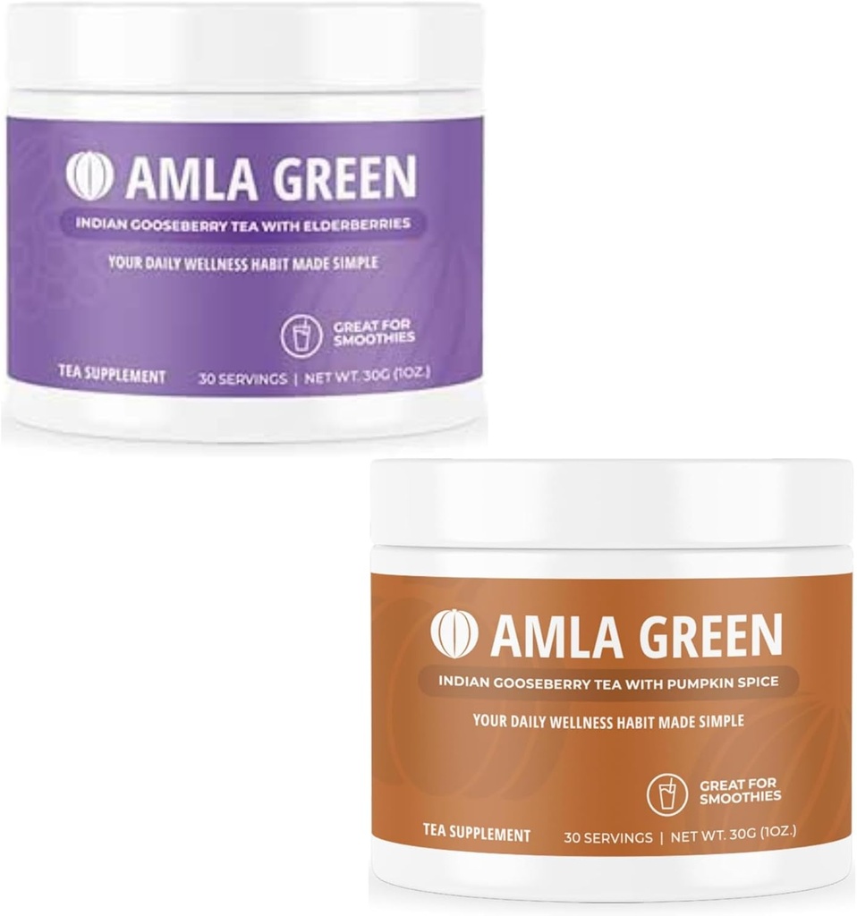 Amla Powder & Green Tea Superfood Supplément avec des épices de mûre et citrouille, biologique, végétalien, 30 portions