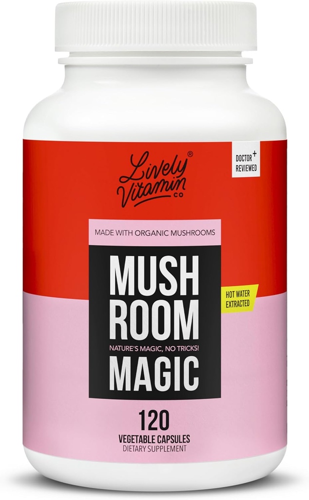 LIVELY VITAMIN CO. Champignon Magie - Chaga - Cordyceps - Lions Mane - Turquie Tail - Reishi - Shiitake - Maitake - Immune - Énergie - Mémoire - Non-OGM - 120 Capsules Vegan