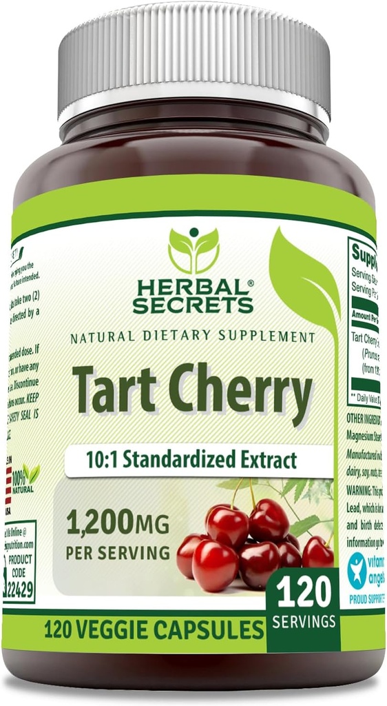 Herbal Secrets Tart Cherry 10:1 Supplément d'extrait normalisé $ 1200 Mg par portion $ 120 Capsules de légumes $ Non-GMO $ Sans gluten $ Fabriqué aux États-Unis (1 Pack, 120 Compte)