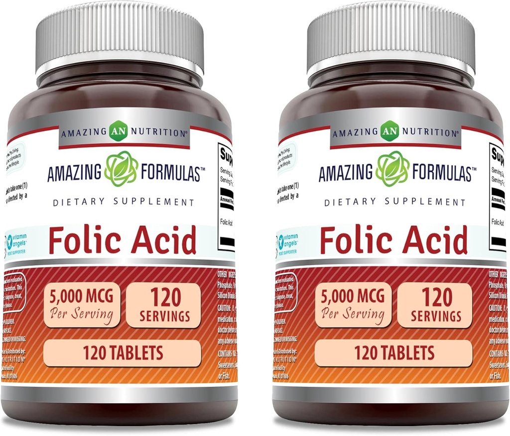 Formules étonnantes Supplément à l'acide folique $ 5000 Mcg $ 120 Comprimés $ Non-GMO $ Sans gluten $ Fabriqué aux États-Unis (2 Pack)