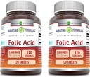Formules étonnantes Supplément à l'acide folique $ 5000 Mcg $ 120 Comprimés $ Non-GMO $ Sans gluten $ Fabriqué aux États-Unis (2 Pack)