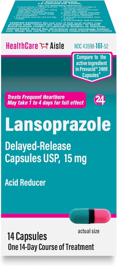 HealthCareAisle Lansoprazole 15 mg - 14 Capsules de libération retardée - Réducteur acide, traite les brûlures d'estomac fréquentes
