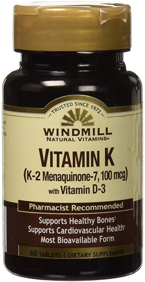 Moulin à vent Vitamines naturelles Vitamine K (K-2 Menaquinone-7, 100mcg) 60 comprimés (paquet de 1)