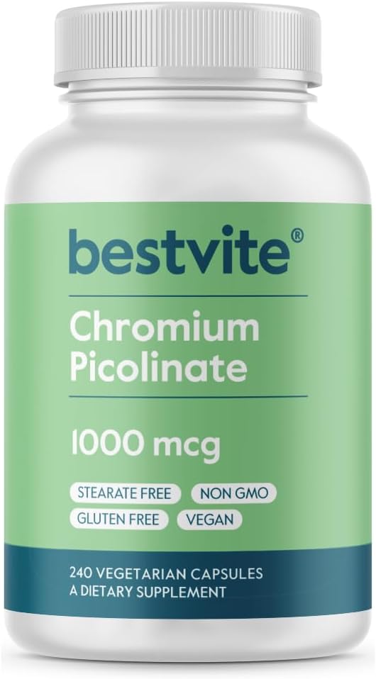 BESTVITE Picolinate de chrome 1000mcg (240 Capsules végétariennes) - Pas de stéarate - Pas de phosphate de dicalcium - Vegan - Sans gluten - Non-OGM