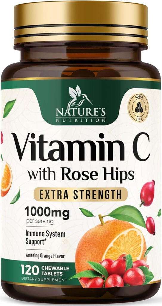 Vitamine C Chewable 1000mg - Antioxydants extra-forts pour un puissant soutien immunitaire avec/Vitamine C & Rose HIPS - Potent Dietary VIT C Supplément de croustilles, naturel orange saveur, végétalien, non-OGM - 120 comprimés
