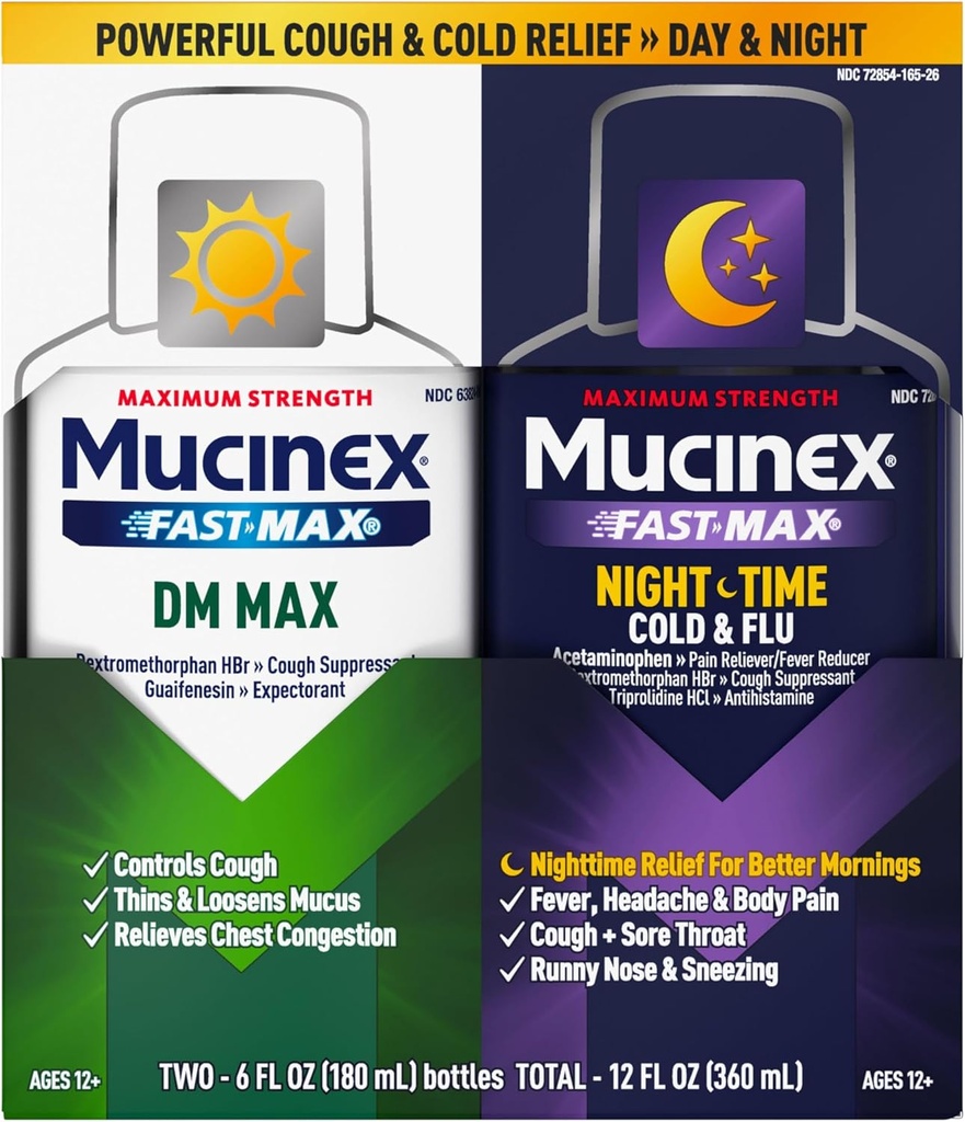Maximum Strength Mucinex FastMax DM Max & Mucinex Nightshift Cold & Flu Liquid (2 x 6 fl. oz.) Thins & Loosens Mucus, Relieves Cough & Chest Congestion, Pain, Fever, Sneezing, Sore Throat, Runny Nose