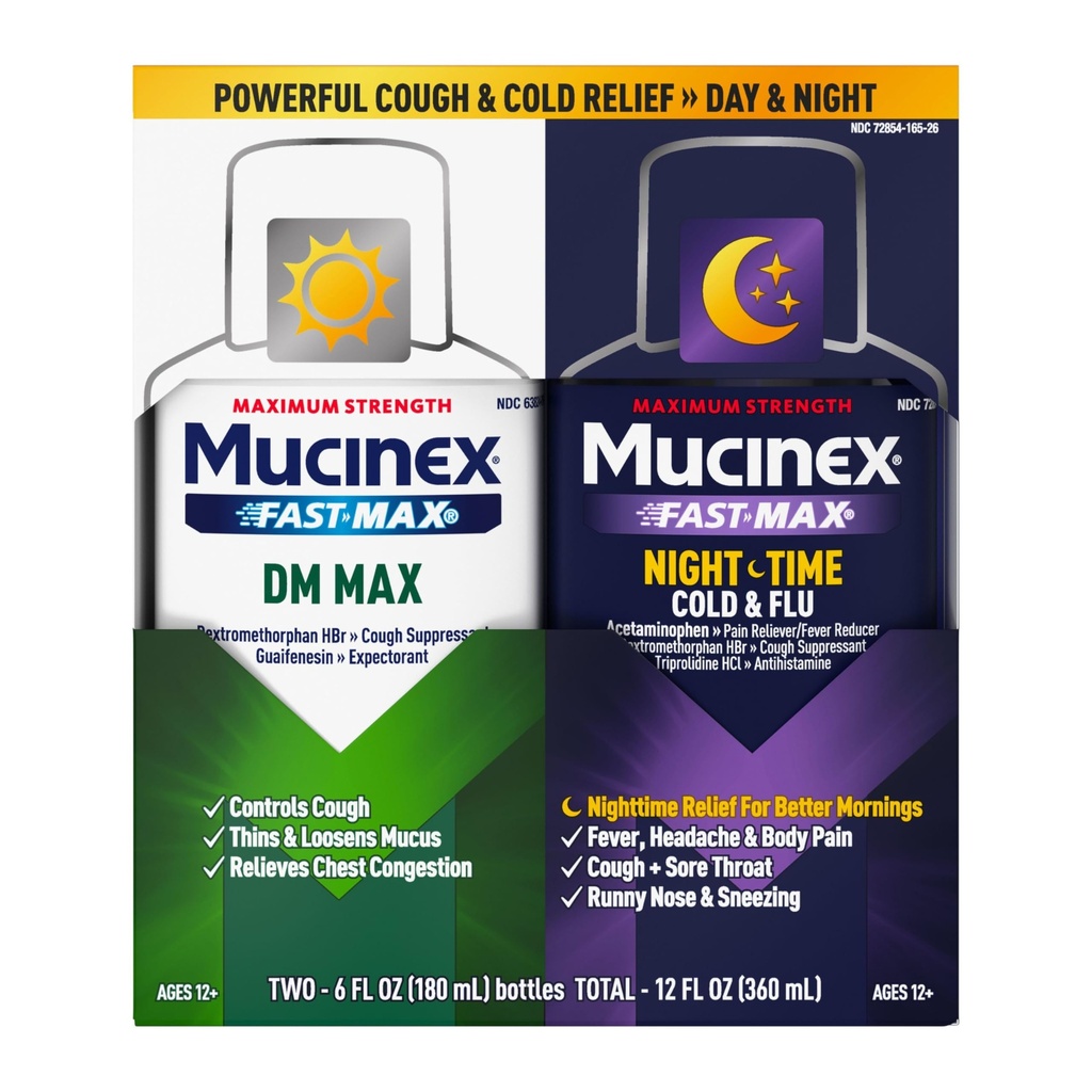 Résistance maximale Mucinex FastMax DM Max & Mucinex Nightshift Cold & Flu Liquid (2 x 6 fl. oz.) Thins & Loosens Mucus, Soulage la toux et la congestion thoracique, la douleur, la fièvre, l'éternuement, la gorge douloureuse, le nez runny