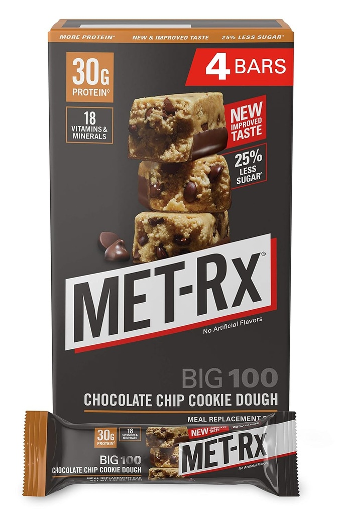 MET-Rx Grandes 100 barres de protéines colossales, parfaits pour remplacer les repas sains, Snack, et aider à soutenir l'énergie, sans gluten, la pâte à biscuits de chocolat, 100 g, 4 comte (paquetage mai vary)