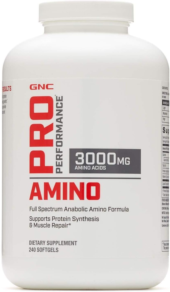 GNC Pro Performance Amino 3000mg, 240 Softgels, supporte la synthèse protéique et la réparation musculaire